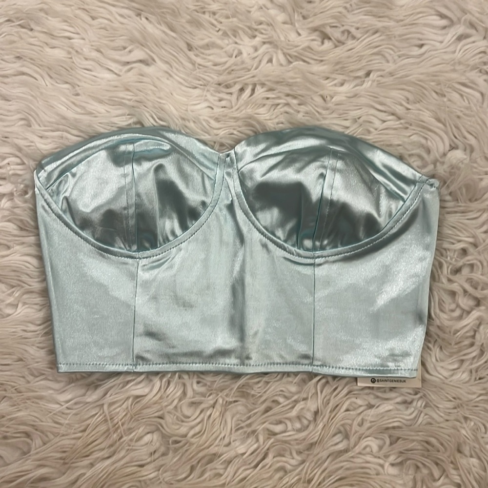 Baby blue satin strapless top